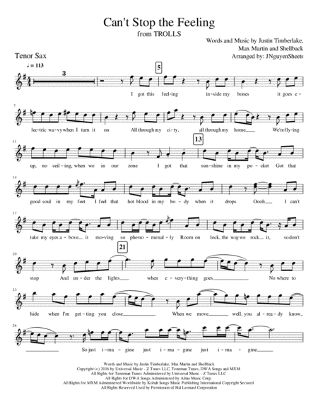 Cant Stop The Feeling From Trolls Tenor Sax Sheet Music