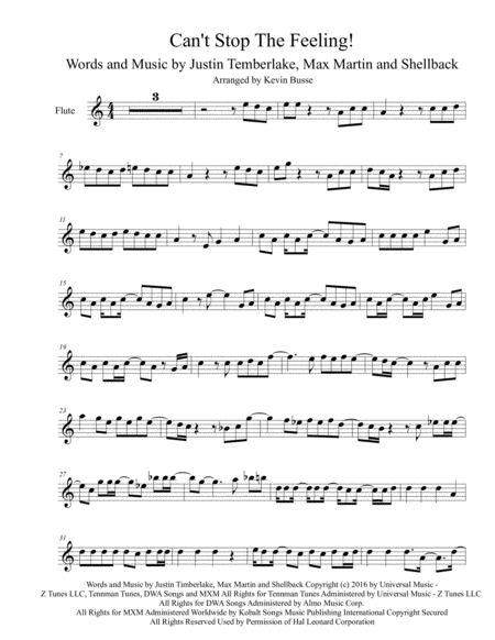 Free Sheet Music Cant Stop The Feeling Original Easy Key Of C Flute
