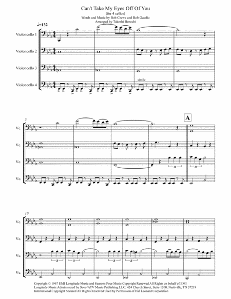 Cant Take My Eyes Off Of You Cello Quartet Sheet Music