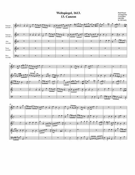 Free Sheet Music Canzon No 13 A5 Weltspiegel 1613 Arrangement For 5 Recorders