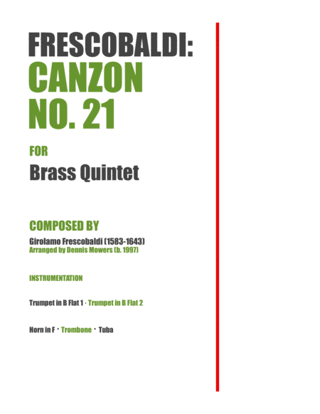 Canzon No 21 For Brass Quintet Girolamo Frescobaldi Sheet Music