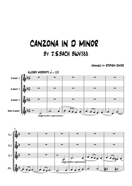 Free Sheet Music Canzona In D Minor By Js Bach Bwv588 For Clarinet Quartet