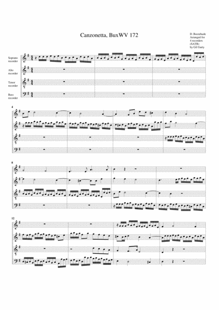 Canzonetta Buxwv 172 G Major Arrangement For 4 Recorders Sheet Music