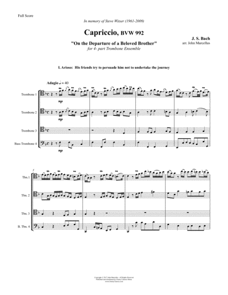 Free Sheet Music Capriccio Bwv 992 On The Departure Of A Beloved Brother For 4 Part Trombone Ensemble