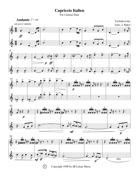 Free Sheet Music Capriccio Italien For Clarinet Duet Tchaikowsky