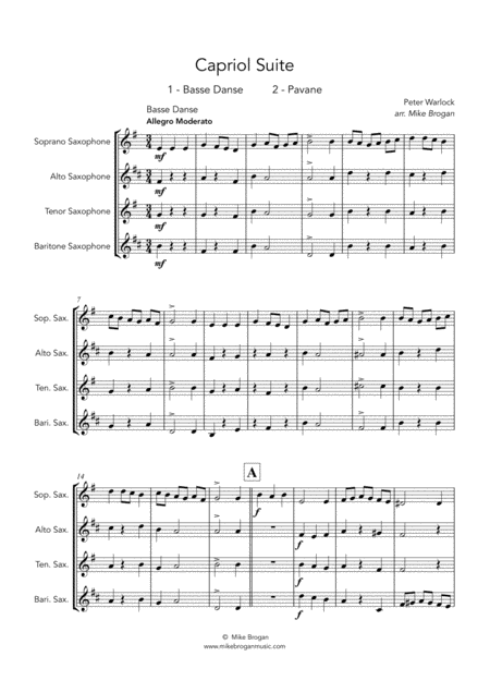 Capriol Suite Movement 1 And 2 Warlock Satb Saxophone Quartet Sheet Music