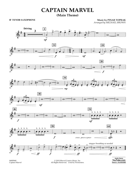 Free Sheet Music Captain Marvel Main Theme Arr Michael Brown Bb Tenor Saxophone