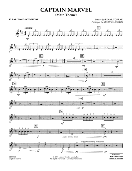 Captain Marvel Main Theme Arr Michael Brown Eb Baritone Saxophone Sheet Music