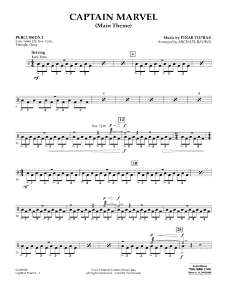 Captain Marvel Main Theme Arr Michael Brown Percussion 2 Sheet Music