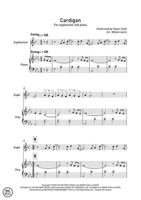 Cardigan By Taylor Swift Euphonium And Piano Sheet Music