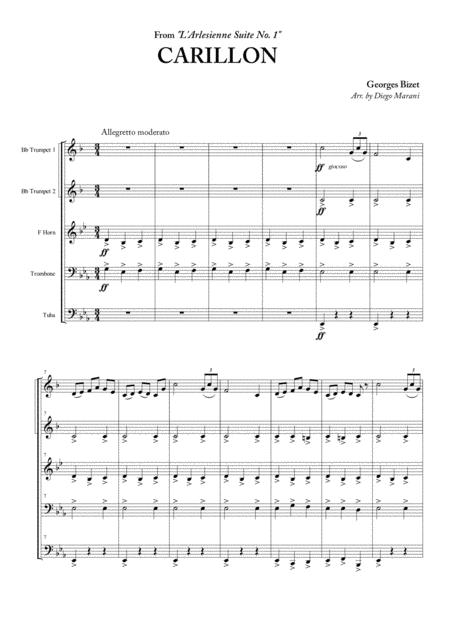 Free Sheet Music Carillon From L Arlesienne Suite No 1 For Brass Quintet