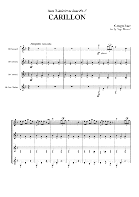Free Sheet Music Carillon From L Arlesienne Suite No 1 For Clarinet Quartet