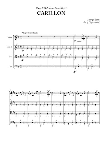 Free Sheet Music Carillon From L Arlesienne Suite No 1 For String Quartet