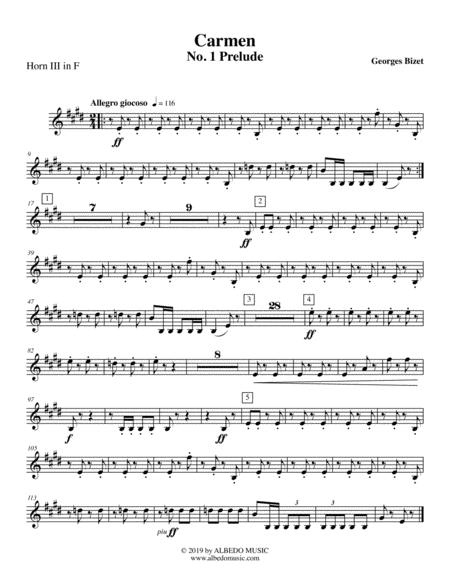 Free Sheet Music Carmen No 1 Prelude Horn In F 3 Transposed Part