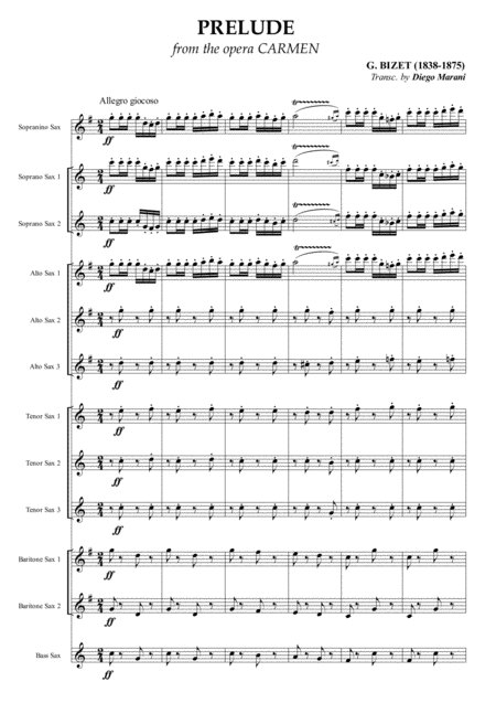 Carmen Overture Prelude For Saxophone Ensemble Sheet Music