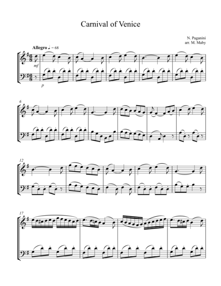 Carnival Of Venice For Violin Cello Duet Sheet Music