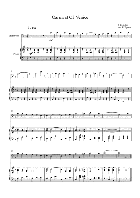 Carnival Of Venice Julius Benedict For Trombone Piano Sheet Music