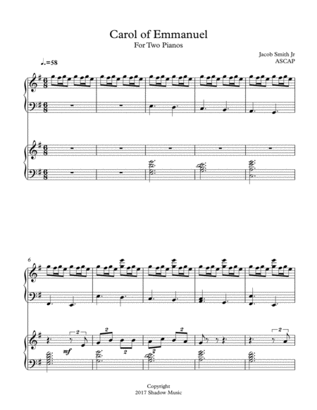 Free Sheet Music Carol Of Emmanuel For Two Pianos