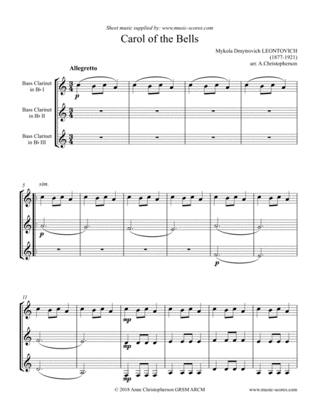 Carol Of The Bells Bass Clarinet Trio Sheet Music