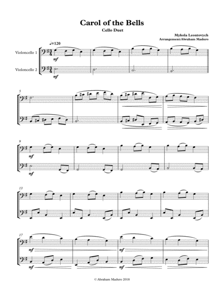 Carol Of The Bells Cello Duet Sheet Music