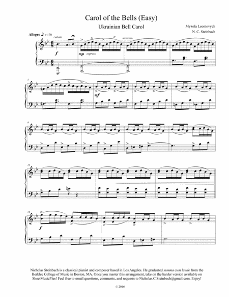 Carol Of The Bells Easy Piano Sheet Music