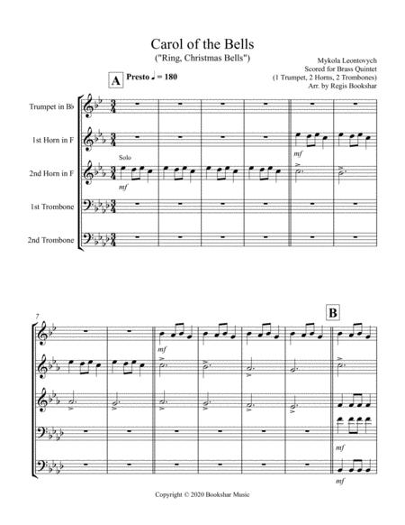 Free Sheet Music Carol Of The Bells F Min Brass Quintet 1 Trp 2 Hrn 2 Trb