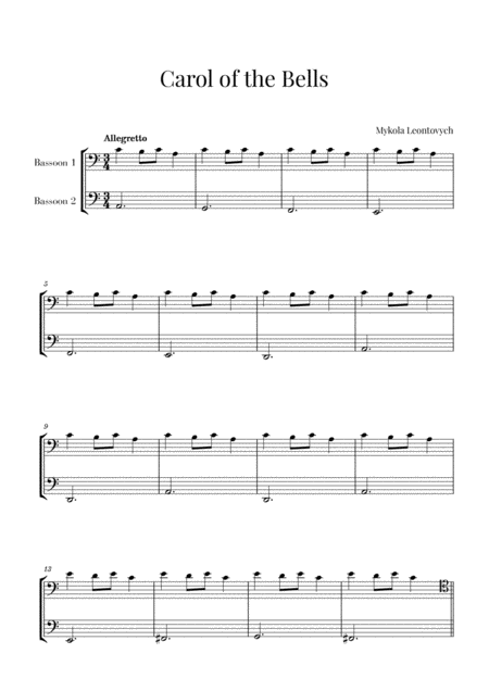 Free Sheet Music Carol Of The Bells For 2 Bassoons