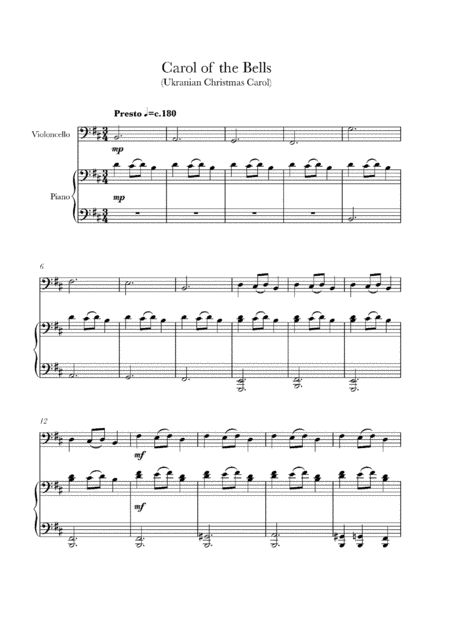 Free Sheet Music Carol Of The Bells For Cello With Piano Accompaniment
