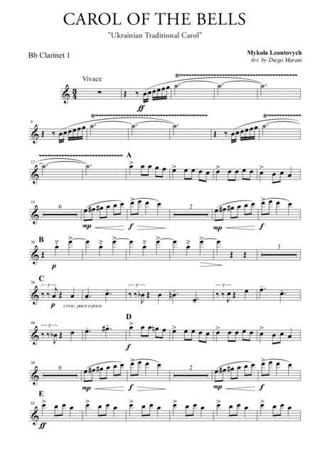 Free Sheet Music Carol Of The Bells For Clarinet Quartet