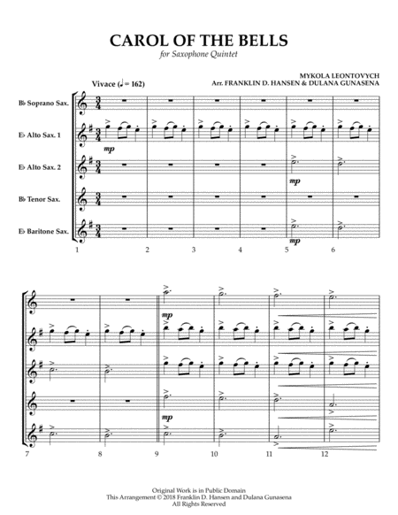 Free Sheet Music Carol Of The Bells For Saxophone Quintet