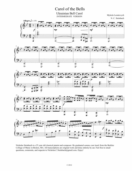 Free Sheet Music Carol Of The Bells Intermediate Piano