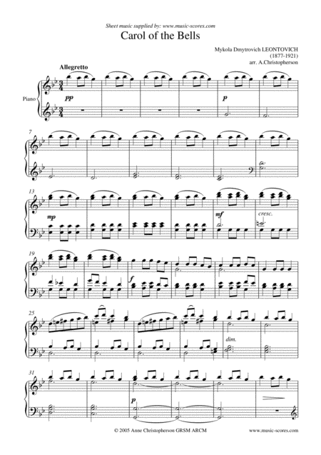 Free Sheet Music Carol Of The Bells Piano Solo