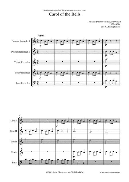 Carol Of The Bells Recorder Quintet Sheet Music