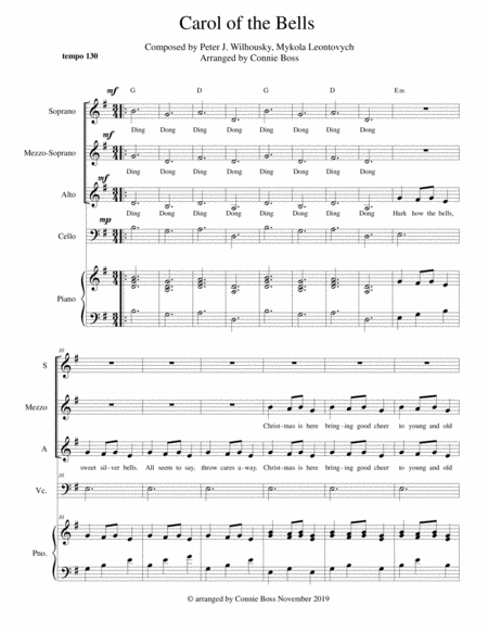 Free Sheet Music Carol Of The Bells Ssa Cello Piano