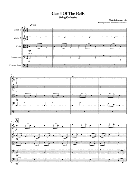 Carol Of The Bells String Orchestra Quintet Sheet Music