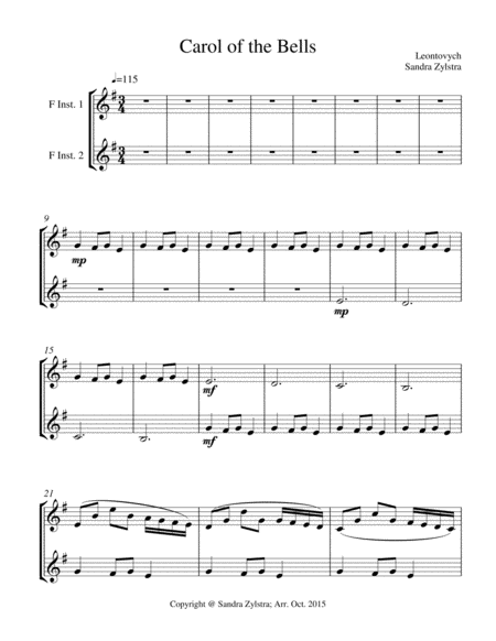 Carol Of The Bells Treble F Instrument Duet Parts Only Sheet Music