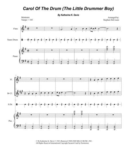 Carol Of The Drum The Little Drummer Boy Duet For Flute Bb Clarinet Sheet Music