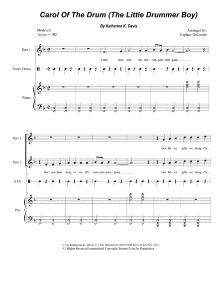 Carol Of The Drum The Little Drummer Boy For 2 Part Choir Sheet Music