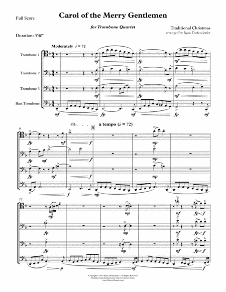 Free Sheet Music Carol Of The Merry Gentlemen For Trombone Quartet