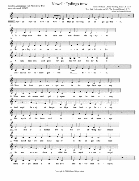 Free Sheet Music Carol Tydings Trew From Anonymous 4 The Cherry Tree