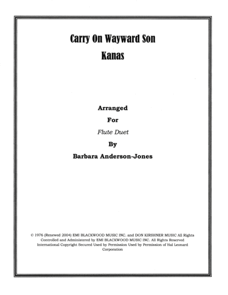 Carry On Wayward Son Flute Duet Sheet Music