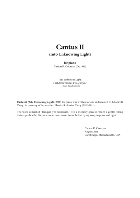 Carson Cooman Cantus Ii Into Unknowing Light 2011 For Piano Sheet Music