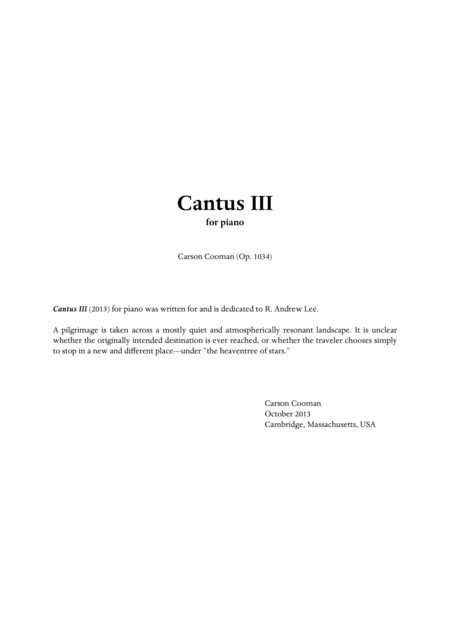 Carson Cooman Cantus Iii 2013 For Piano Sheet Music