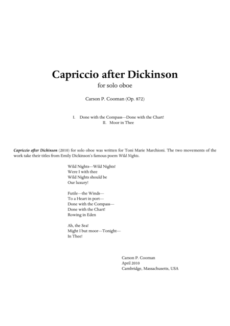 Carson Cooman Capriccio After Dickinson 2010 For Solo Oboe Sheet Music