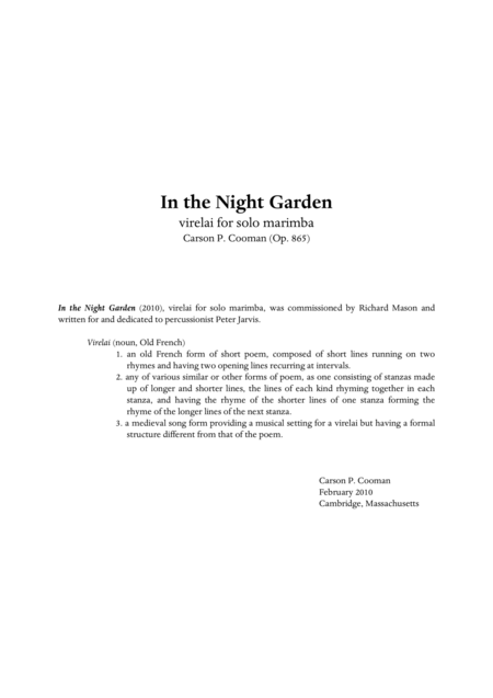 Carson Cooman In The Night Garden Virelai For Solo Marimba Sheet Music