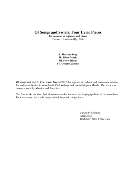 Carson Cooman Of Songs And Swirls Four Lyric Pieces 2002 For Soprano Saxophone And Piano Sheet Music