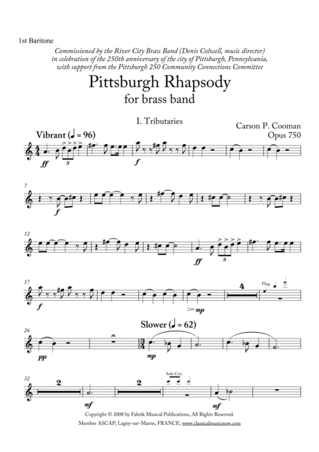 Carson Cooman Pittsburgh Rhapsody 2008 For Brass Band 1st Baritone Part Sheet Music