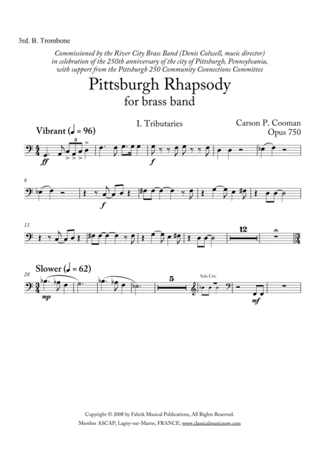 Carson Cooman Pittsburgh Rhapsody 2008 For Brass Band 3rd Bass Trombone Part Sheet Music