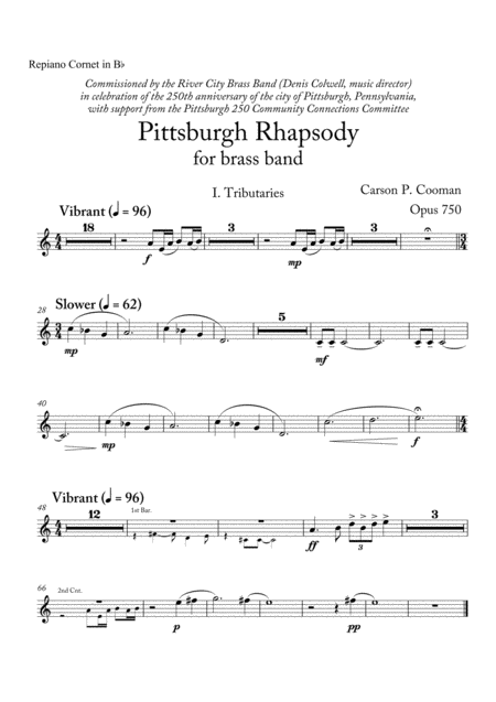 Carson Cooman Pittsburgh Rhapsody 2008 For Brass Band Repiano Cornet Part Sheet Music