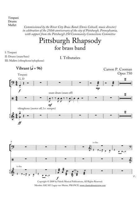 Carson Cooman Pittsburgh Rhapsody 2008 For Brass Band Timpani Drums Mallets Part Sheet Music